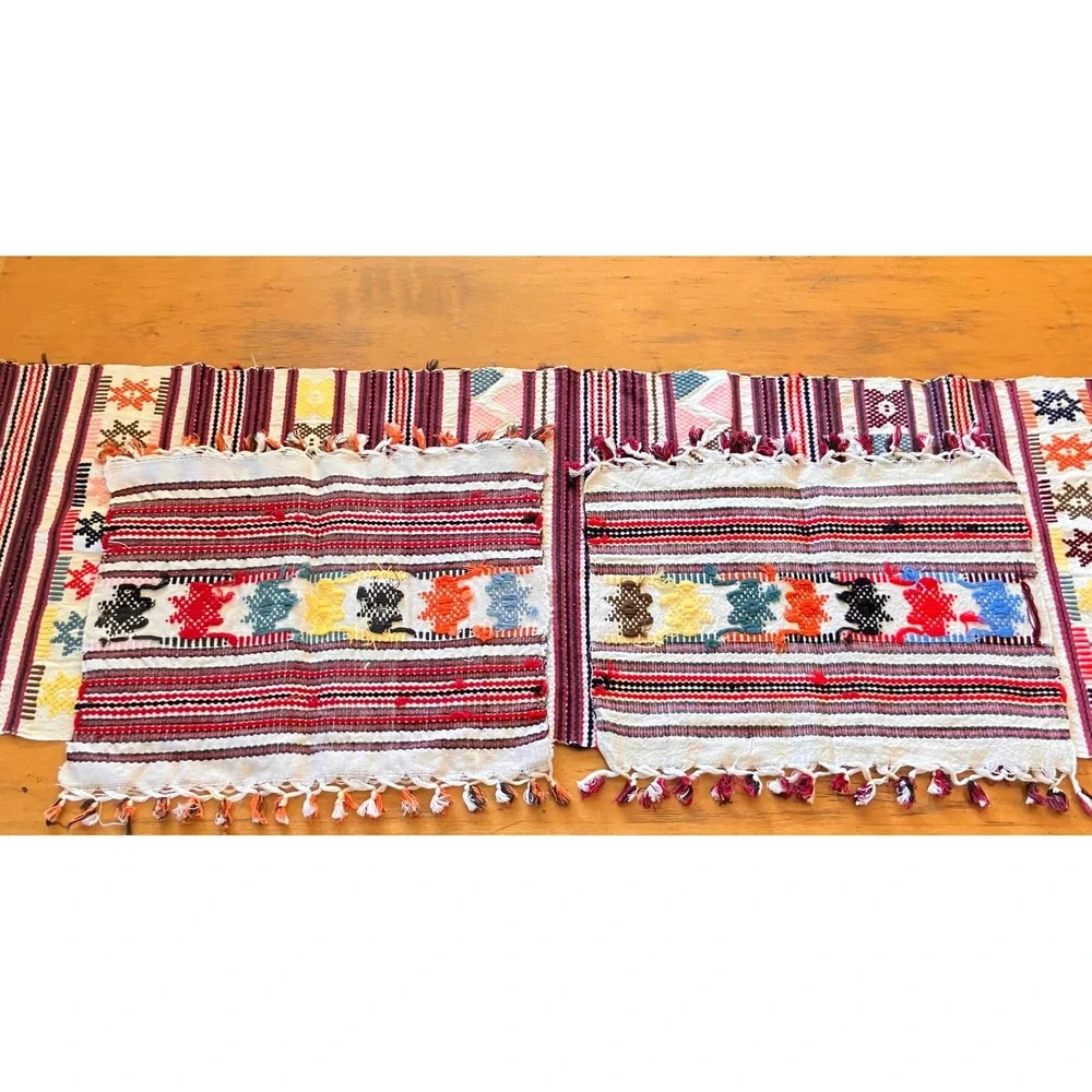 Woven Table Runner With 2 Placemats Set Aztec Tribal Geometric Boho Fringe
